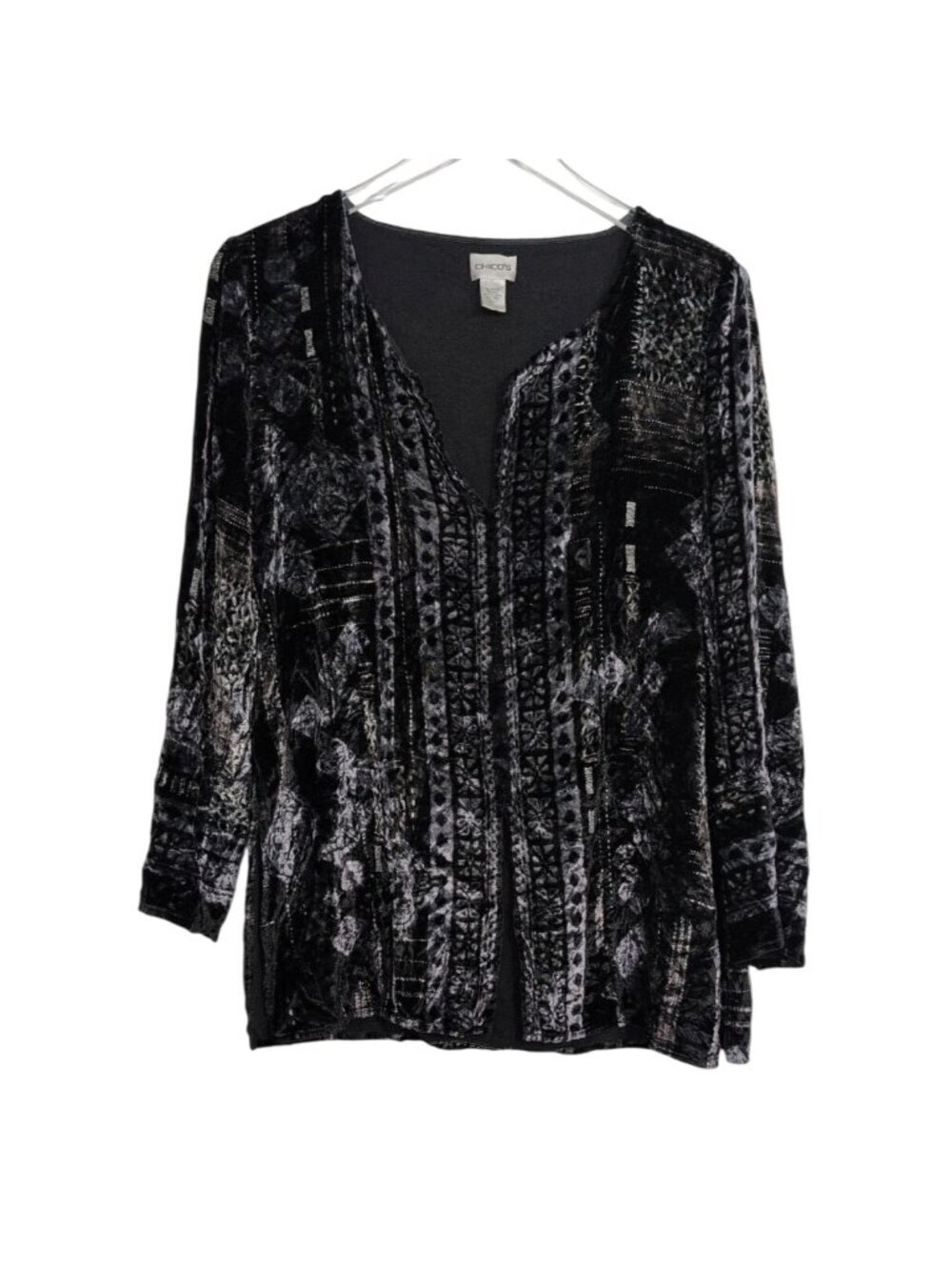 Chicos 1 Crushed Velvet Shirt Womens Size Medium Black Gothic Boho V Neck Popove